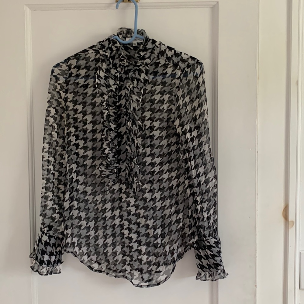Equipment Black & White Houndstooth Blouse with Ruffle Detail